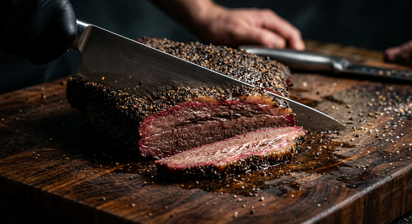 Sliced smoked brisket with a pink smoke ring on a butcher block