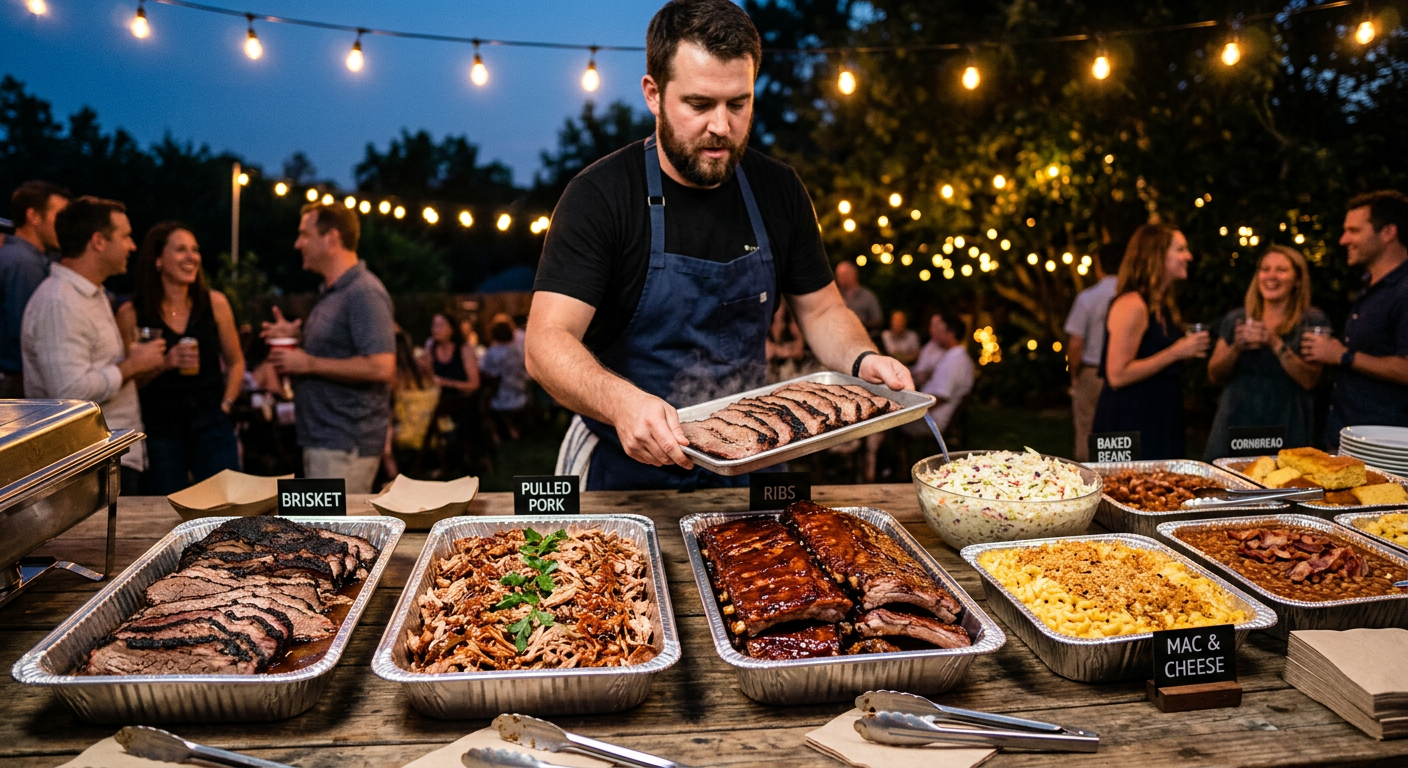 Barbecue catering trays laid out on a long table at an evening event