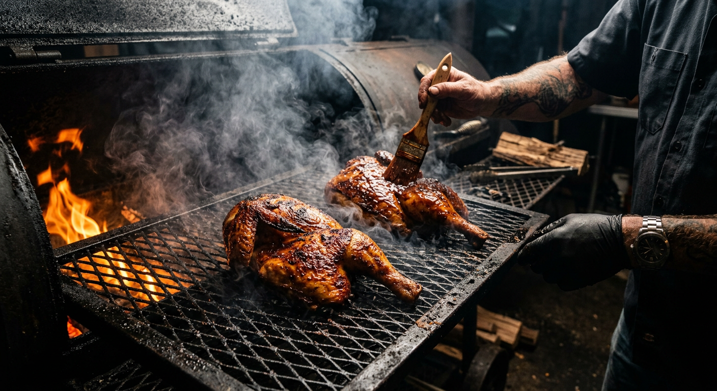 Smoked chicken halves with crisp mahogany skin on a smoker rack