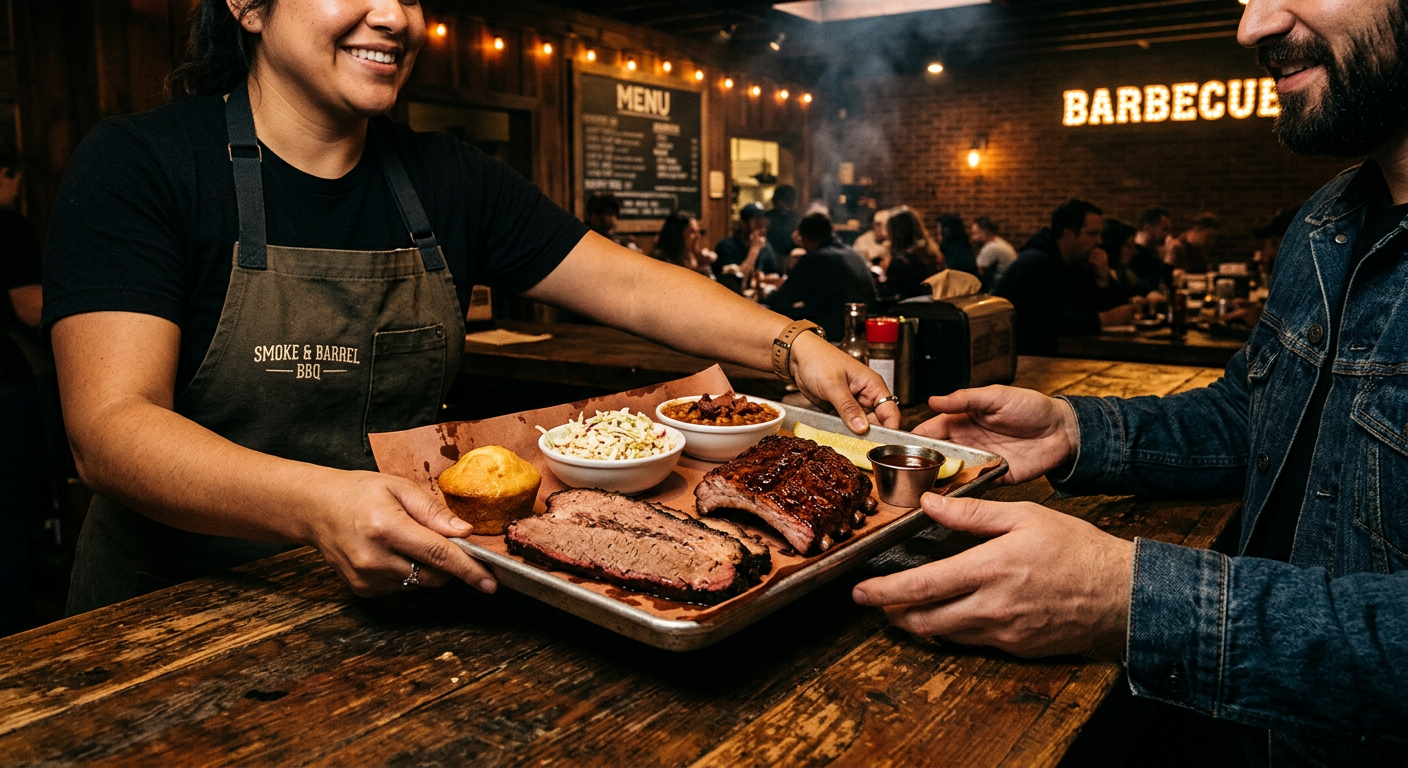 Staff member handing a tray of barbecue across the order counter