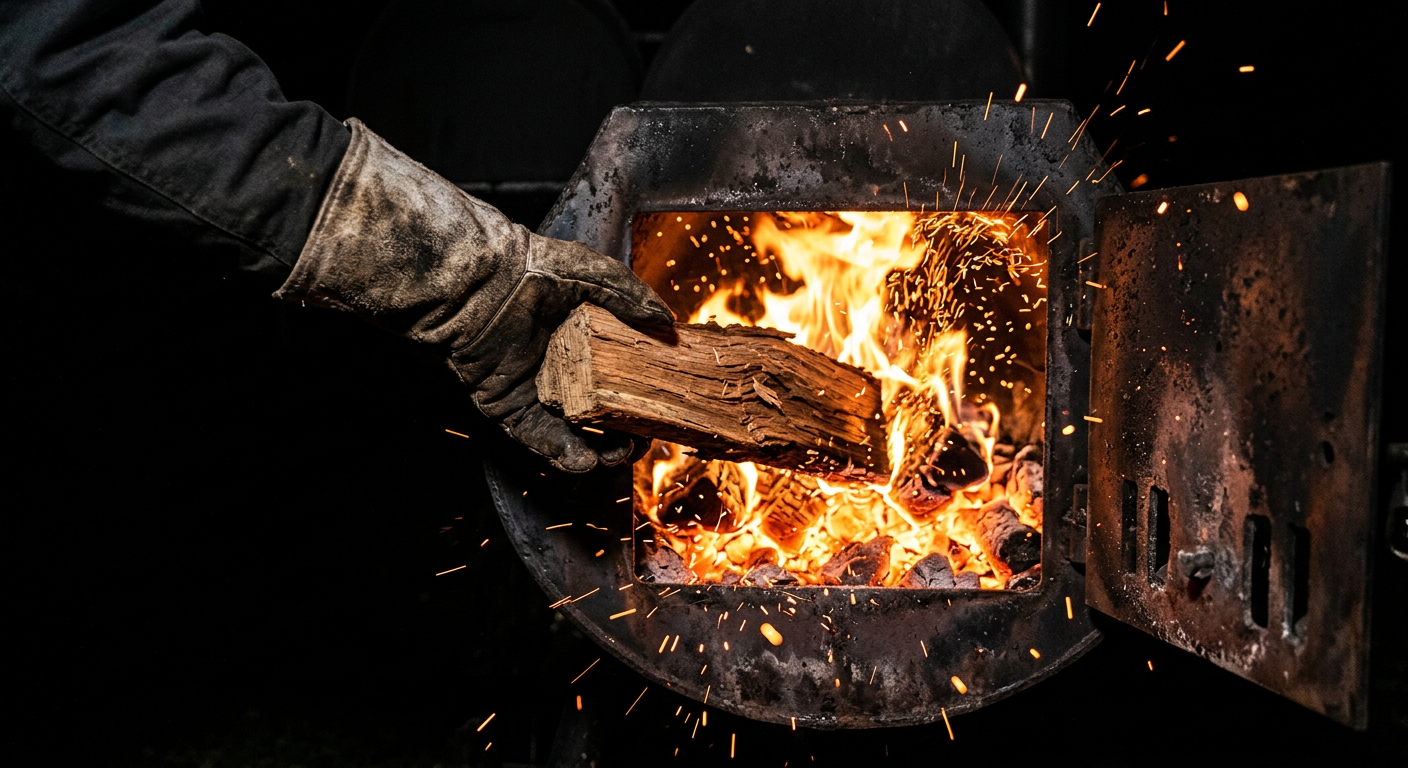 Pitmaster adding a split hardwood log to a glowing smoker firebox