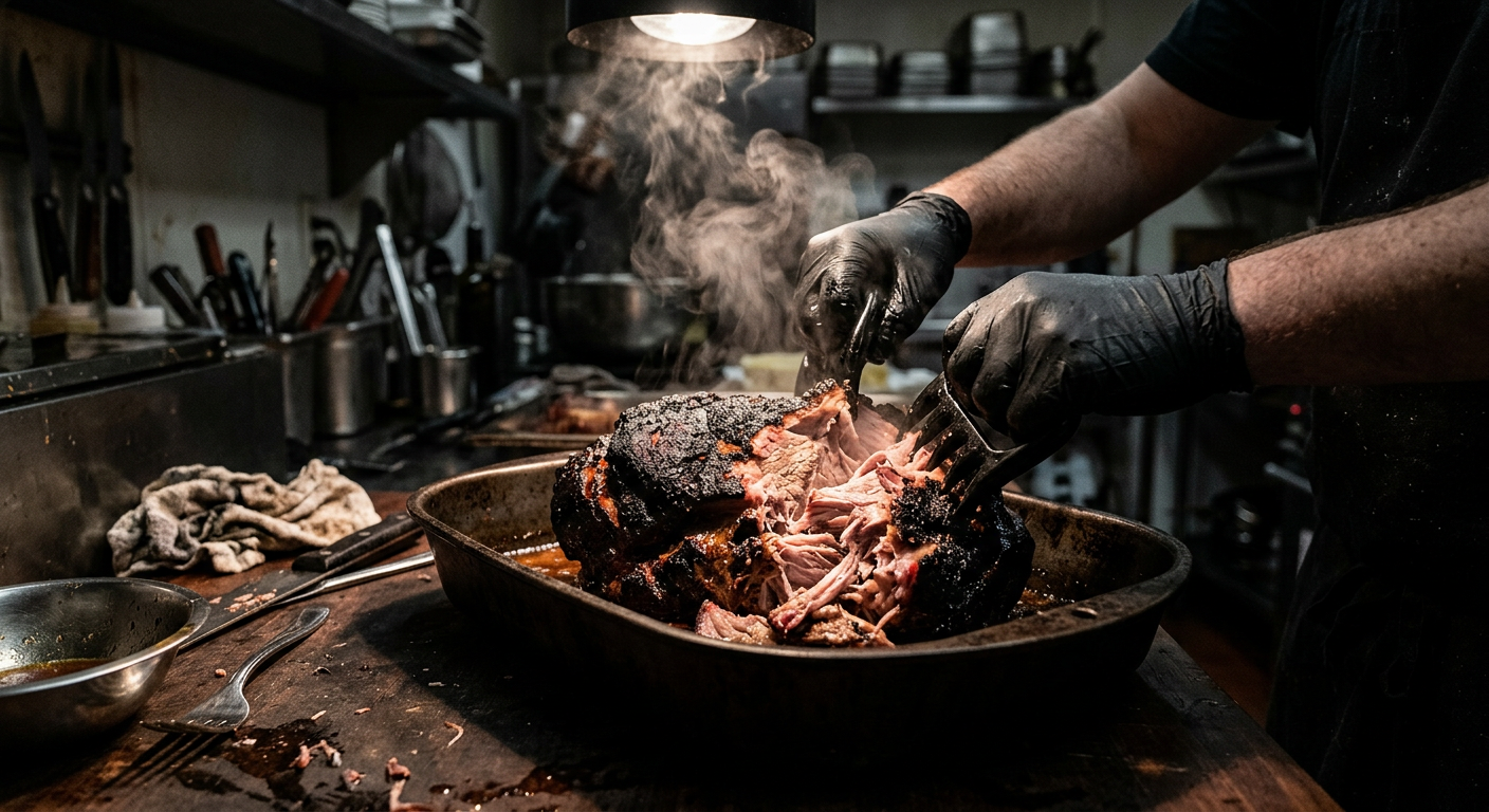 Hands pulling apart a smoked pork shoulder in a steel pan