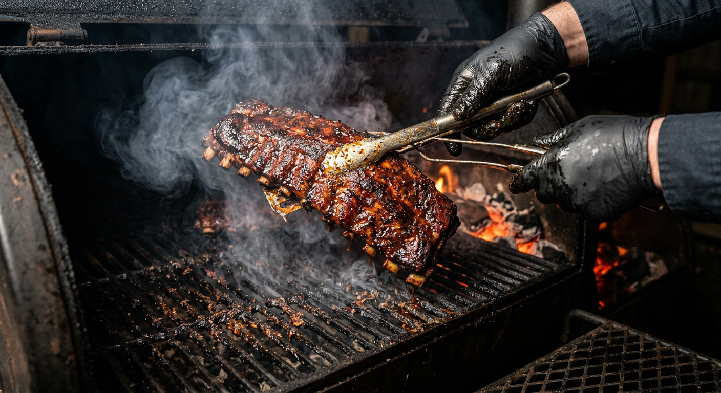 Gloved hands lifting a glazed rack of smoked pork ribs off the smoker
