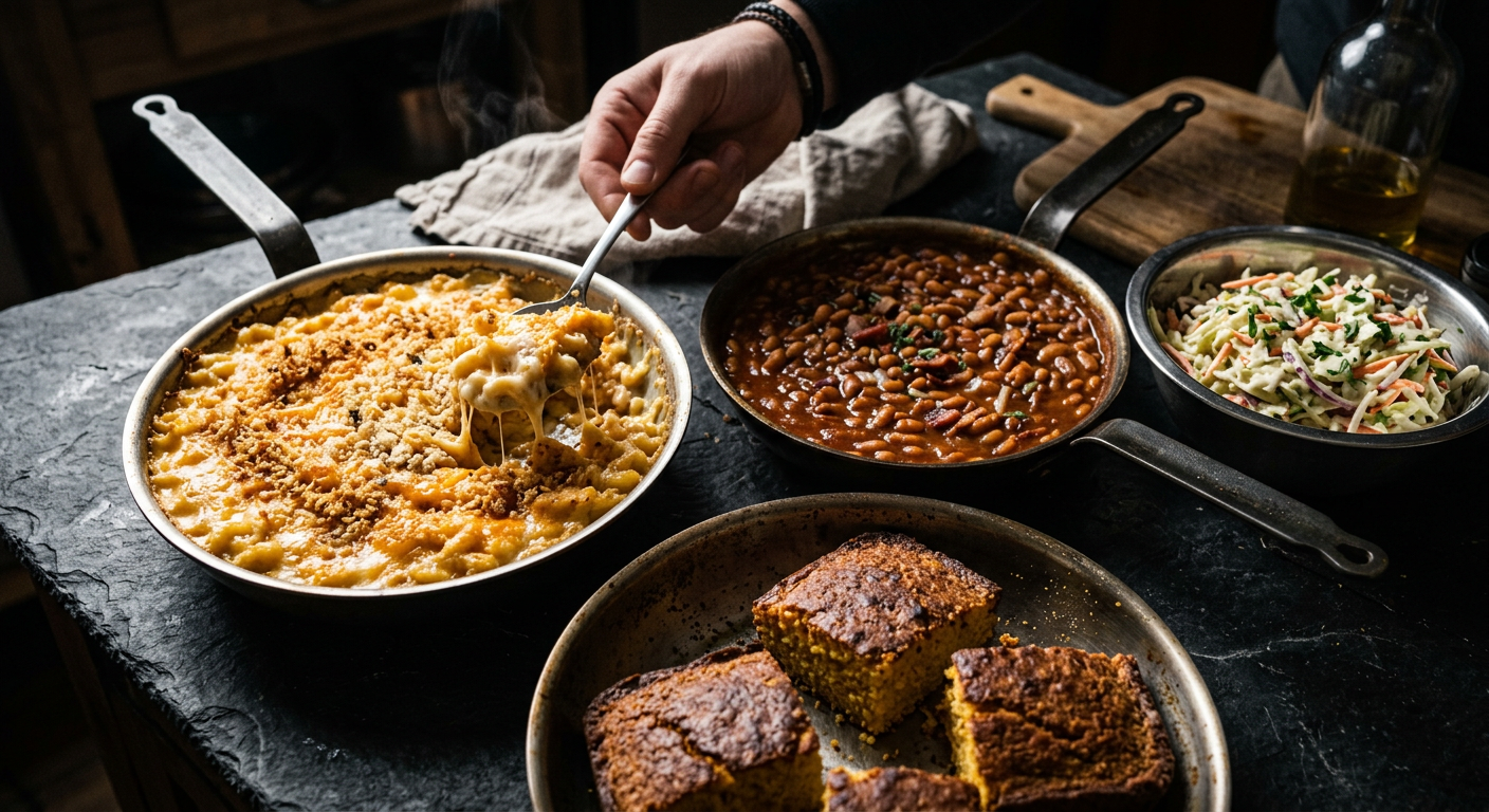 Pans of homemade mac and cheese, coleslaw, baked beans and cornbread